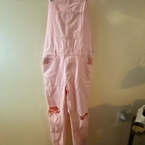 Men’s Pink distressed denim overalls joggers. 34